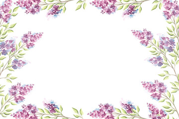 Lilac flowers sprigs with green leaves. Postcard template with copy space.Spring syringa horizontal frame, border. Purple blossom of spring. Botanical floral background. Clipart for wedding, textile.