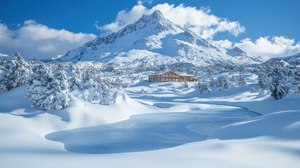 Obraz premium Snowy mountain peak with lodge.