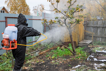 man in mask and overalls sprays garden with against pests in autumn.