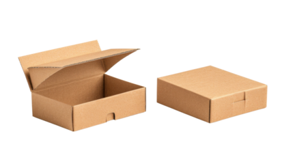 Two empty cardboard boxes opening and closing on transparent background