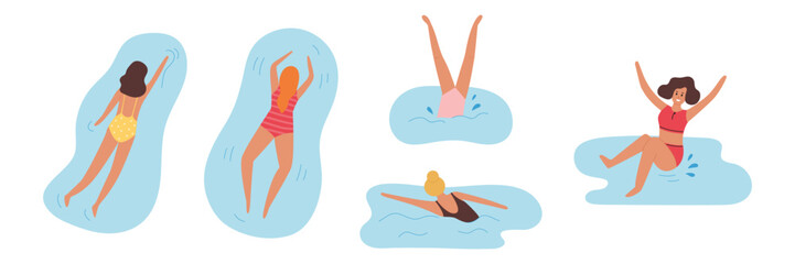Women jumping and swimming in the sea or pool