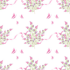 Lilac flowers sprigs with green leaves and butterflies. Seamless pattern. Hand drawn watercolor illustration isolated. Summer frame. Floral horizontal banner. Floral template for wallpaper, textile. © susie_p_art