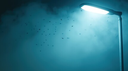 Atmospheric Street Light Illuminating Foggy Night with Flying Insects