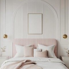 Elegant pink bedroom interior with mockup poster.