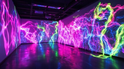 Immersive digital art exhibit with vibrant neon light projections, a captivating visual experience