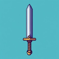Fototapeta premium Gaming and esports Flat Art Style Icon. Pixel Art Medieval Sword on Blue Background
