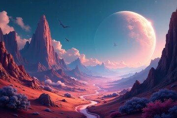 An artistic rendering of an alien planet with colorful landscapes and unknown creatures, fantasy, landscape, creatures