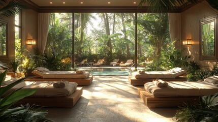 Fototapeta premium Luxurious spa interior with pool and tropical garden view.