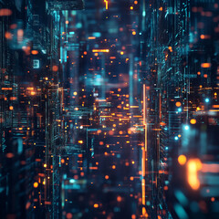 Fototapeta premium Futuristic Digital Cityscape With Glowing Teal and Orange Particles at Night