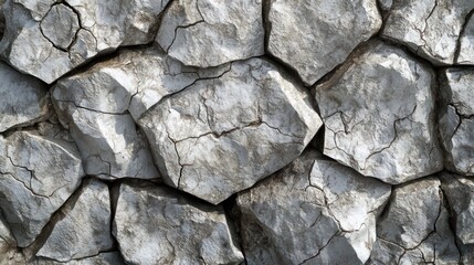 Close-up view of a textured stone wall with cracks and crevices.  Rough, uneven surface of a rock face.