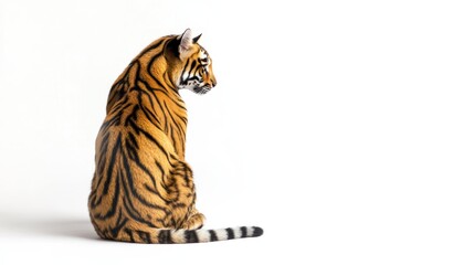 A tiger sits facing away from the camera on a white background.