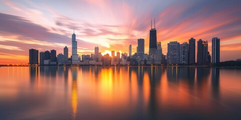 Obraz premium Chicago Skyline Sunrise Reflection - Stunning Cityscape