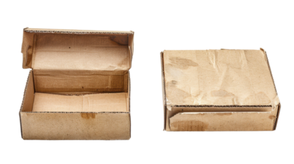 Two empty cardboard boxes on transparent background