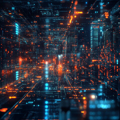 Naklejka premium Futuristic Night Cityscape With Vibrant Blue and Orange Lights