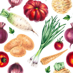 Watercolor vegetable pattern. Hand drawn vegetables on background. Watercolor seamless pattern with vegetables for food design, textile, fabric, menu, restaurants and more