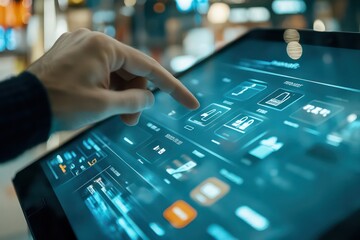 An advanced digital shopping environment with a touchscreen interface showing products, reviews, and secure payment options.