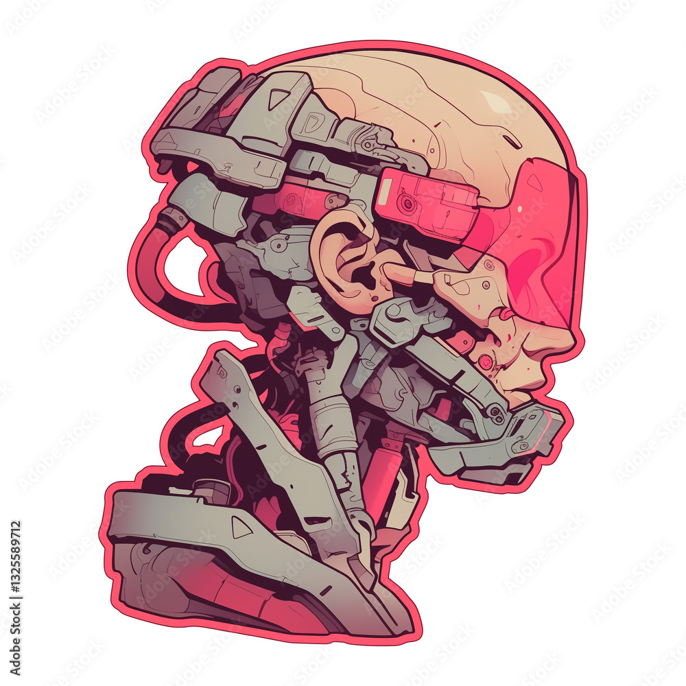 Poster futuristic pop art illustration of cyborg head with intricate mechanical details and vibrant colors.