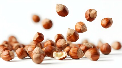 Fototapeta premium Falling hazelnuts on a white background