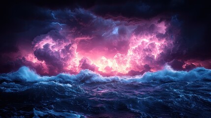 Fototapeta premium Dramatic pink and blue stormy ocean waves and sky.