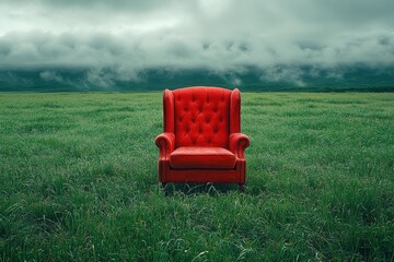 Bright red armchair stands alone in a lush green field under a dramatic cloudy sky during early afternoon