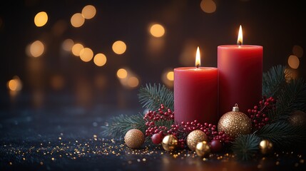 Two red candles, Christmas decorations, dark background with bokeh lights.