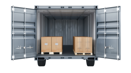 Cargo container on wheels holding cardboard boxes on pallets with open doors