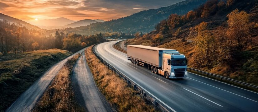 A large transport truck navigates a picturesque mountain route. 