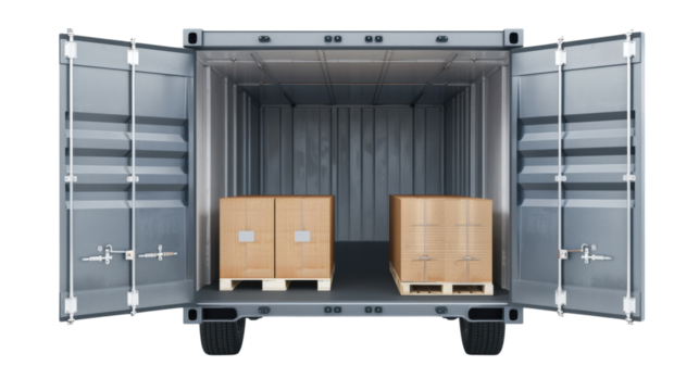 Cargo container on wheels holding cardboard boxes on pallets with open doors - Powered by Adobe