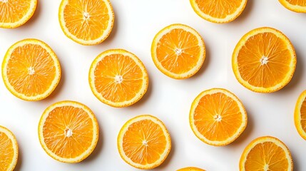 Fototapeta premium Many slices of an orange on a white background