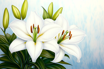 Fototapeta premium Two white flowers with green leaves. The flowers are in a vase. The vase is on a table