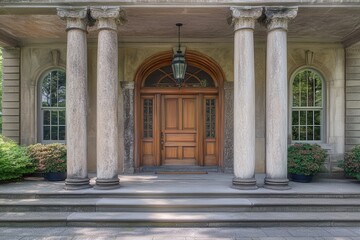 Obraz premium Grand entrance with classical columns and a large wooden door. Ideal for architectural, real estate, or luxury themes.