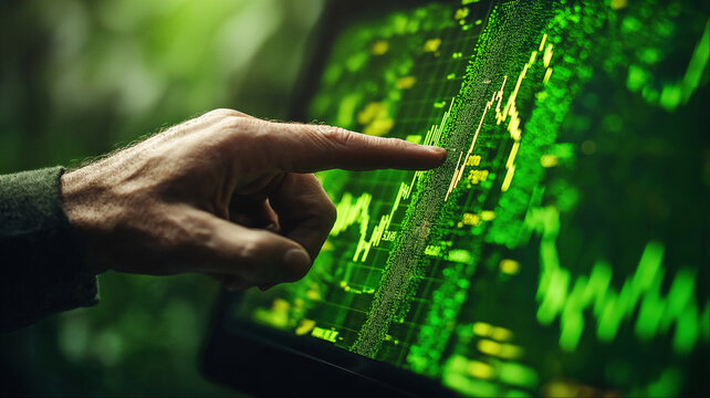 Hand analyzing green digital data visualization on futuristic interface, cybersecurity coding technology with financial market waveform