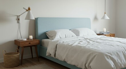 Cozy bedroom interior, soft blue upholstered headboard, white bedding, textured throw pillows, wooden side table, gold table lamp, woven basket, neutral wall color, minimalist decor, Scandinavian styl