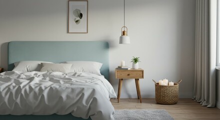 Cozy bedroom interior, soft blue upholstered headboard, white bedding, textured throw pillows, wooden side table, gold table lamp, woven basket, neutral wall color, minimalist decor, Scandinavian styl