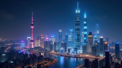 Fototapeta premium Modern City Skyline Illuminated at Night