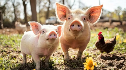 Sweet farm animal friendship: pig and hen playtime.