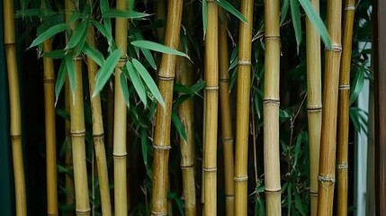 Fototapeta premium Close-up of golden bamboo stalks and green leaves against a wall