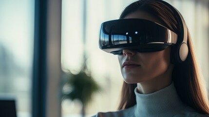 Female exploring virtual reality with advanced headset indoors