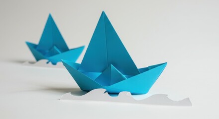 Origami paper boats, vibrant blue, white background, minimalist, clean aesthetic, simple shapes, folded paper art, sailboats, miniature, geometric, shadows, crisp lighting, studio photography, symmetr