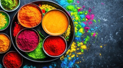Colorful pigments displayed in small bowls on a dark tray