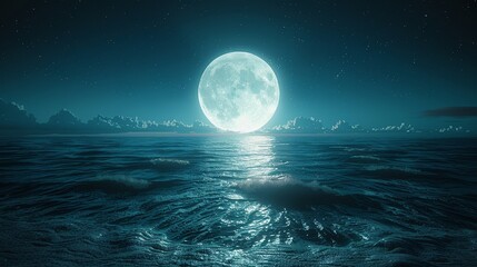巨大な満月が照らす夜の海の風景6