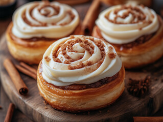 Fototapeta premium A close-up shot of freshly baked cinnamon rolls topped with a thick, creamy layer of cream cheese frosting. 