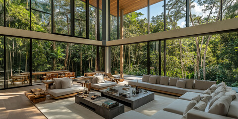 Fototapeta premium Ein modernes Wohnzimmer mit bodentiefen Fenstern bietet Blick auf den Wald mit seinen vielen großen Bäumen, grauen Sofas und Couchtischen. Diese Szene bietet einen weiten Blick auf die großzügigen Räu