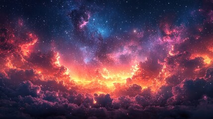 Fototapeta premium Fiery nebula above colorful clouds and stars.