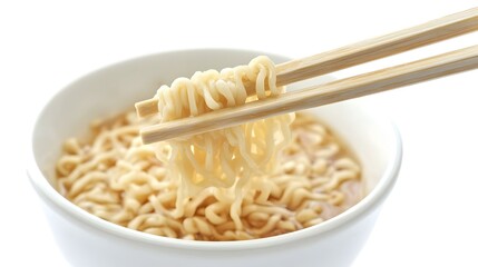 Chopsticks with noodles over bowl of tasty ramen