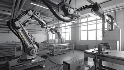 Industrial robots in a factory setting
