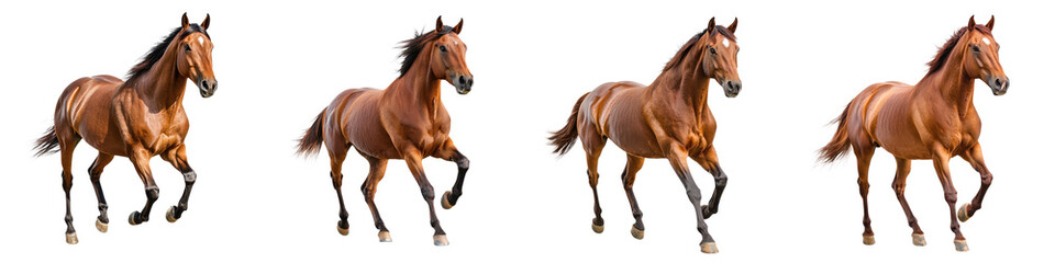 Obraz premium Herd of majestic chestnut horses galloping across a lush grassy field in a dynamic display of power speed and grace The muscular equine athletes move with unbridled energy and freedom