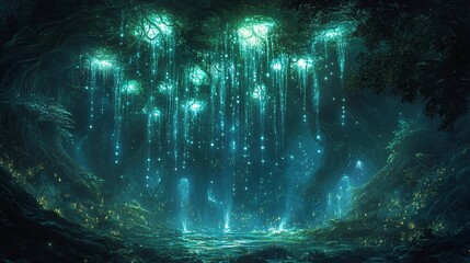 A mysterious cavern where glowing bioluminescent roots dangle from the ceiling like chandeliers