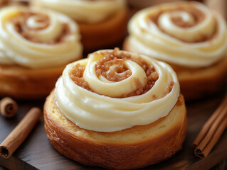 A close-up shot of freshly baked cinnamon rolls topped with a thick, creamy layer of cream cheese frosting. 