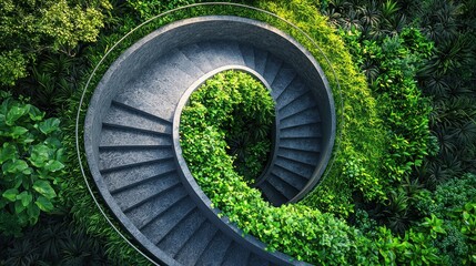 Spiral staircase surrounded by vibrant green plants and lush vegetation